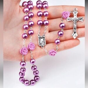 Purple Rosary, Purple Faux Pearl and Rose Rosary Necklace, Cross Necklace